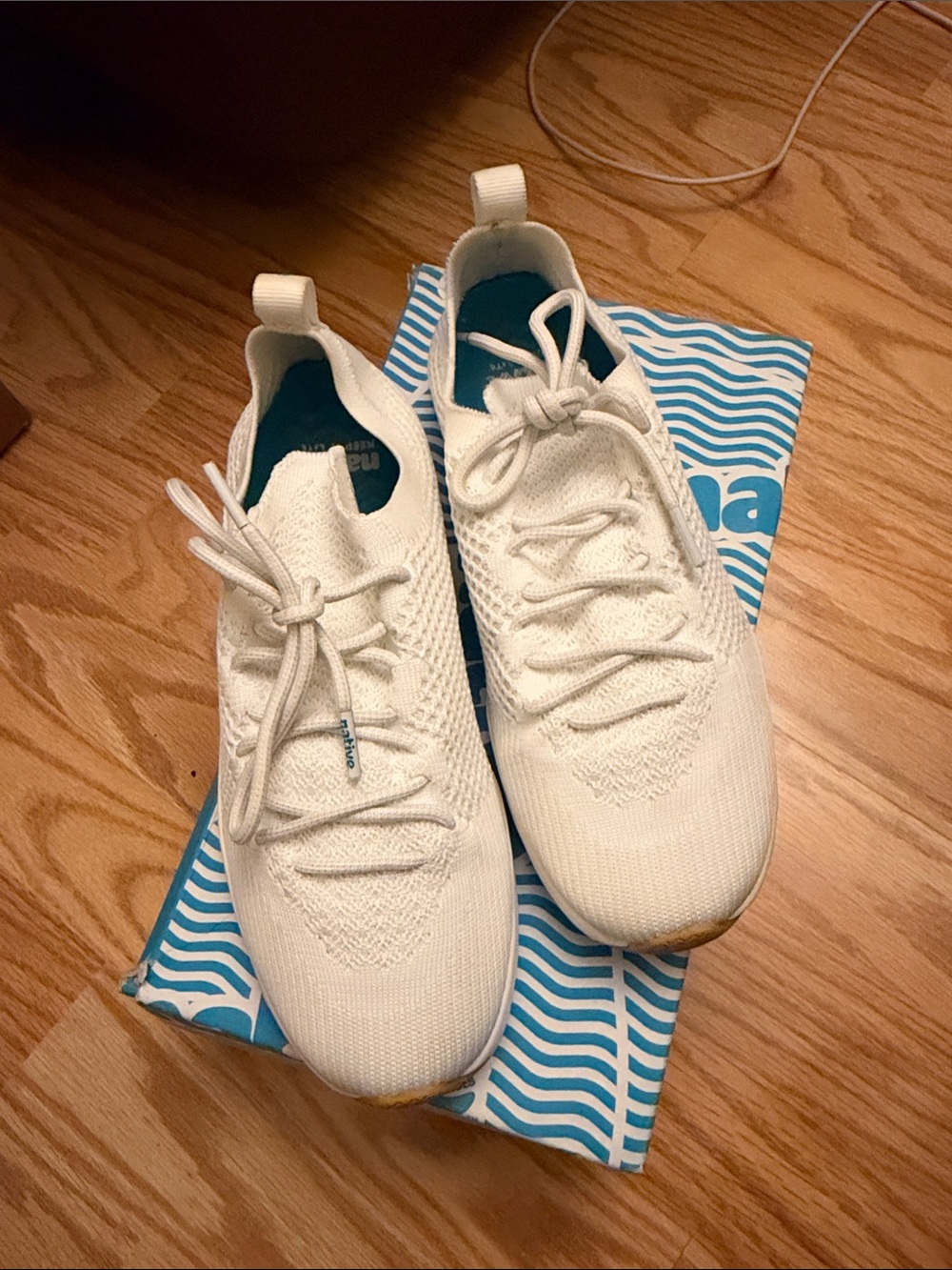 Native White Knit Slip-On Sneakers with Teal Insoles - Native